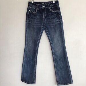 Grace Women's Dark Blue Acid Wash Tribal Embroidery Rhinestone Western Jeans 28